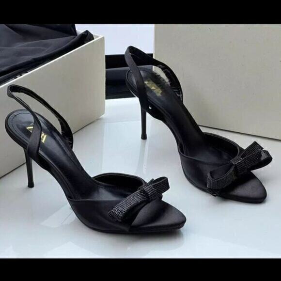 ZARA Embellished Slingback Bow Heels NWT — Size 8 Black Satin - Picture 11 of 16